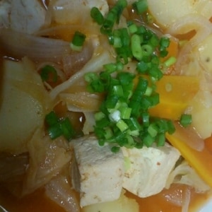 キムチ鍋の素でヘルシー豆腐野菜スープ。